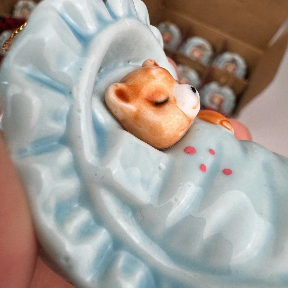 Vtg 1988 18 Enesco Teddy Bear Blue Bassinet Boy Baby Shower Gift Ornament READ